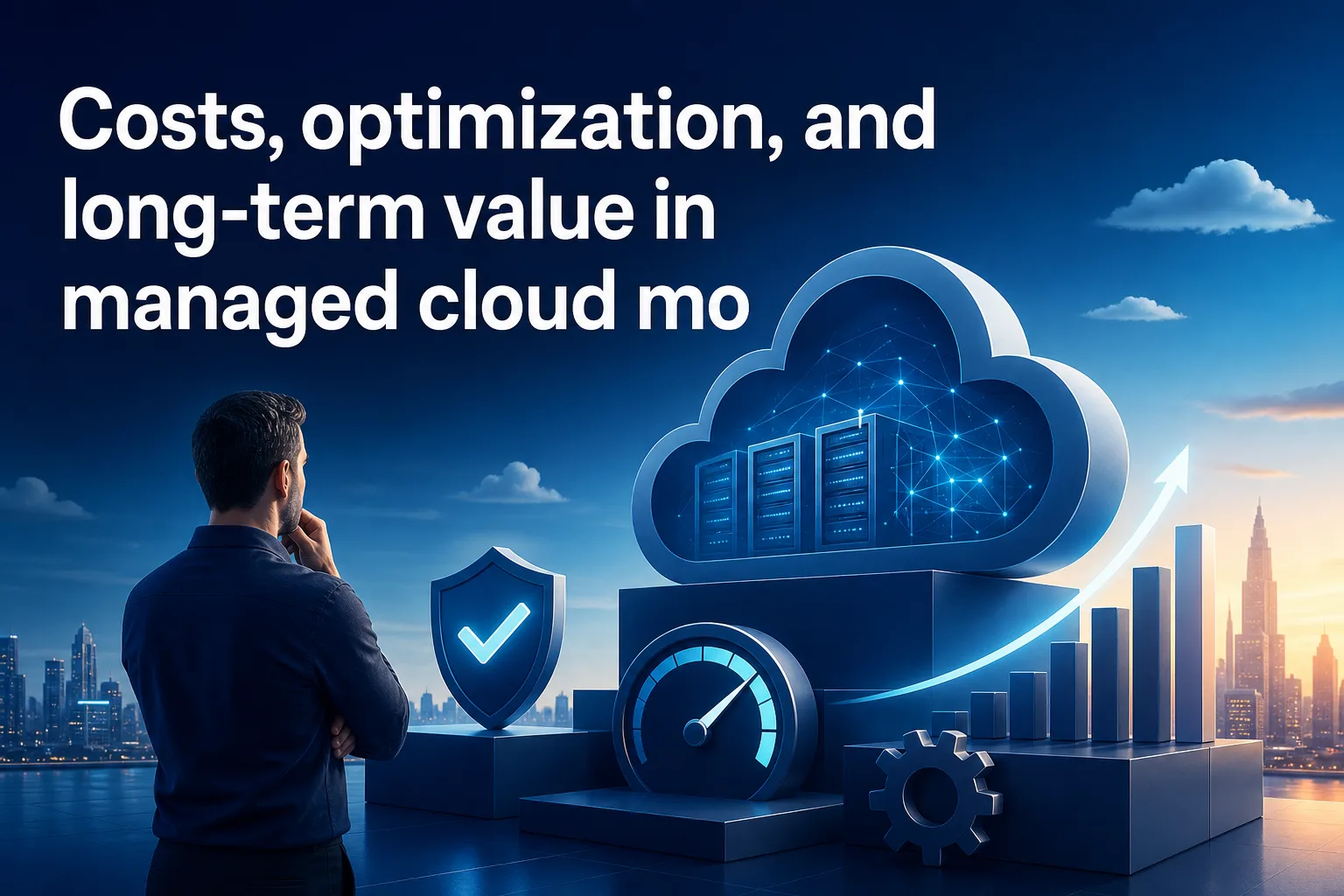 A man stands with his back to the viewer, looking at a large cloud symbol with data servers inside it. Various icons representing optimization, security, and growth are displayed around him against a city skyline at dusk.