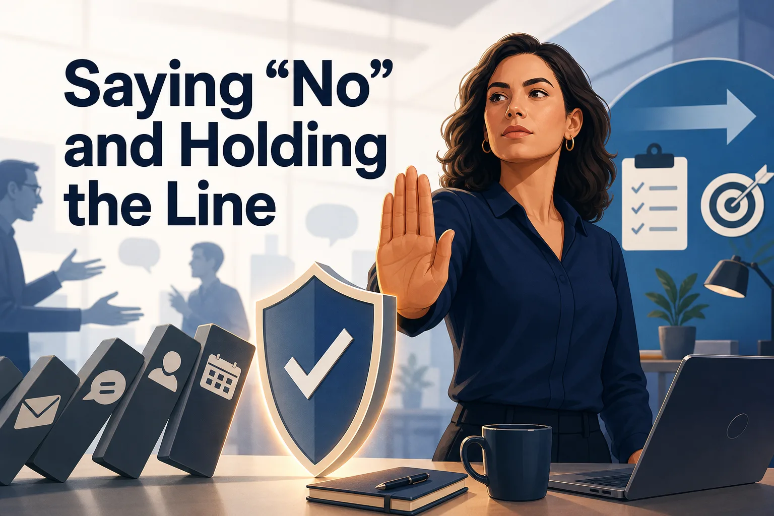 A woman in a blue blouse holds up her hand in a stopping gesture, symbolizing assertiveness. In the background, two people appear to be discussing, while various icons representing communication and organization are displayed.
