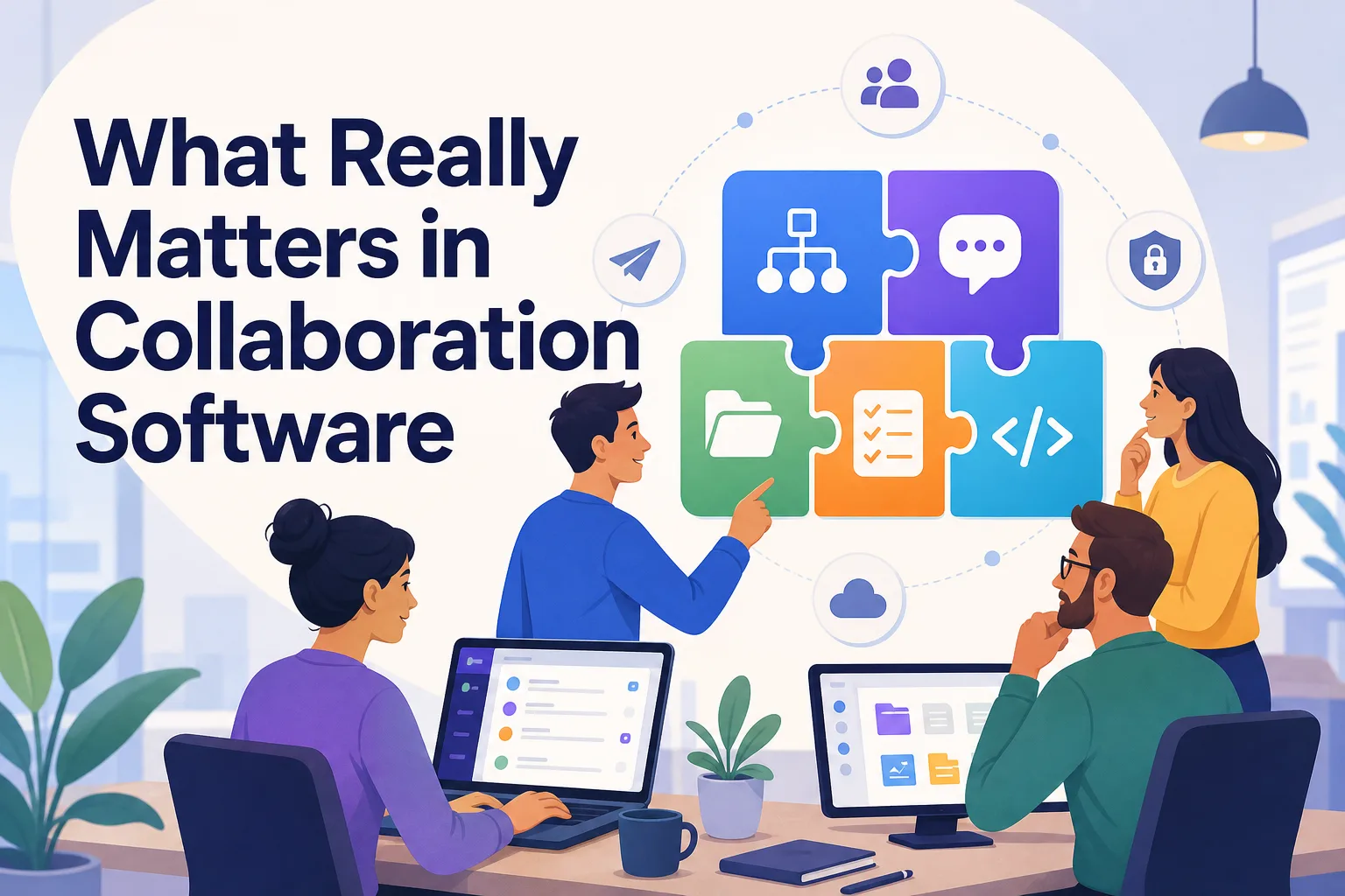 A group of four diverse individuals collaborates around a table with laptops, discussing various aspects of collaboration software. Behind them, colorful puzzle pieces represent different features like communication, organization, and security.