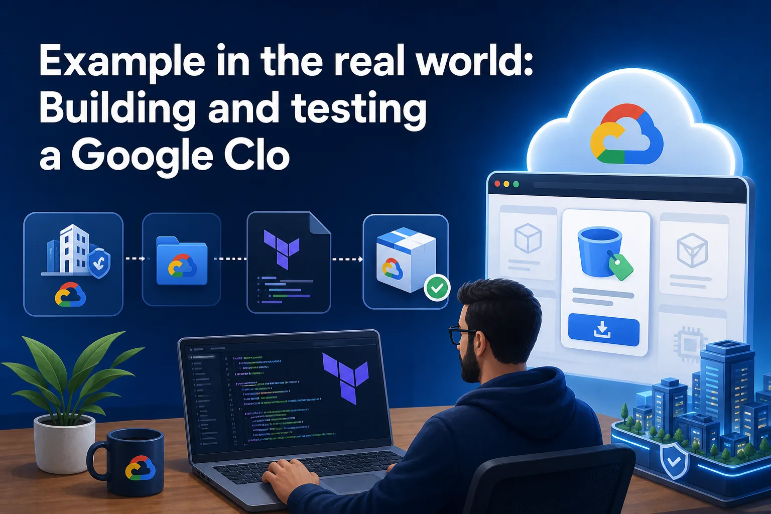 A person sits at a desk with a laptop displaying code, surrounded by icons representing cloud services, data files, and a digital catalog. In the background, there are stylized buildings and a cloud logo, emphasizing a tech-focused environment.