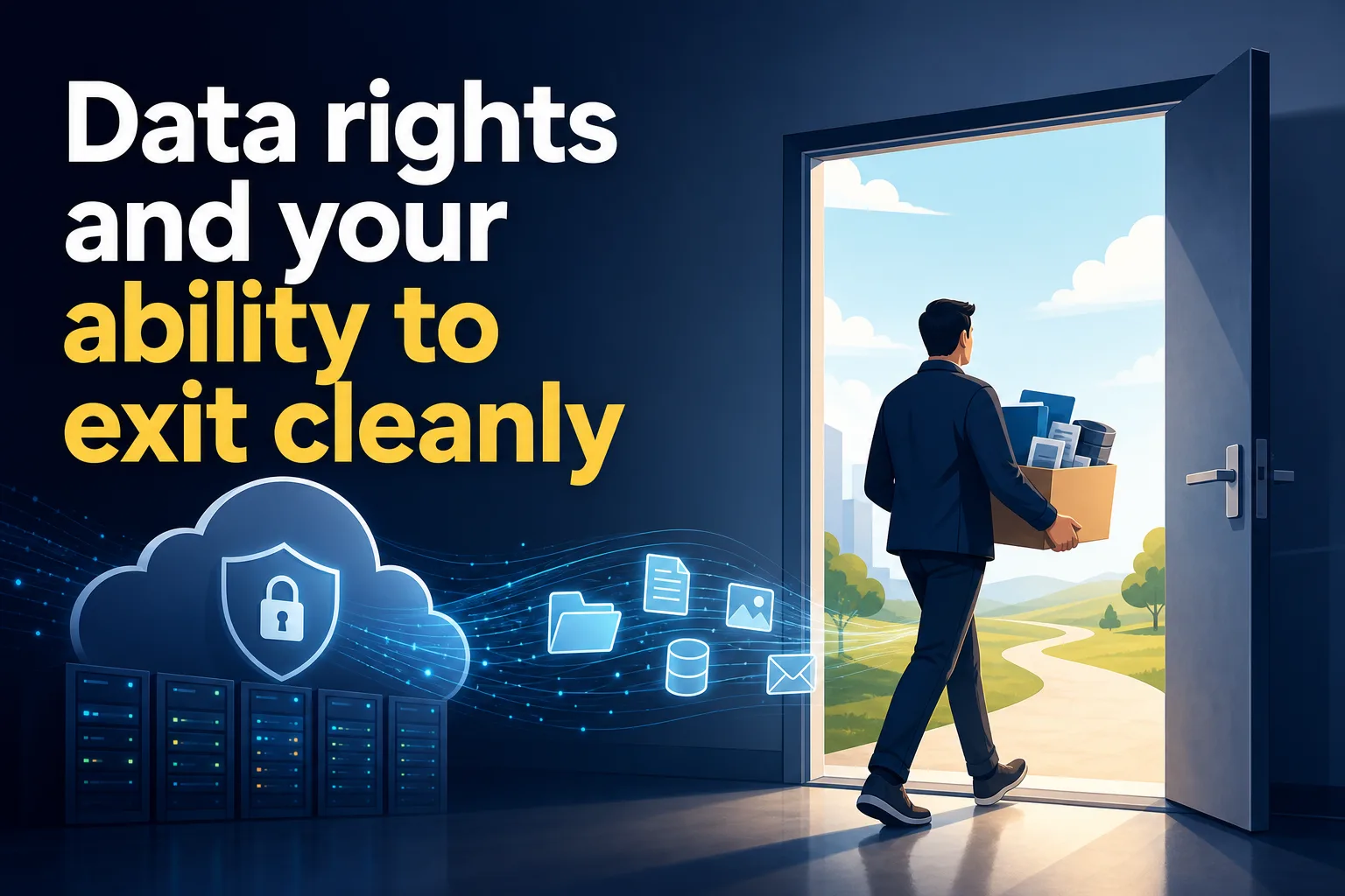 A man in a suit is walking through an open door, carrying a box filled with various items. The background shows a sunny landscape with a winding path and a blue sky, while digital icons representing data appear in the air.