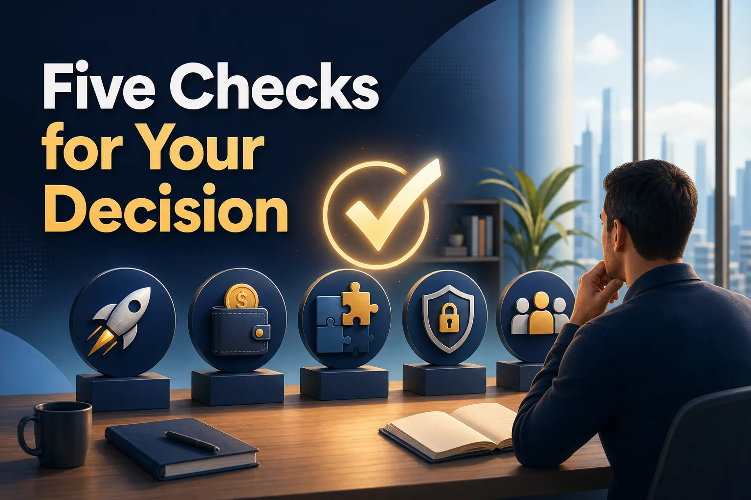 A person sits at a desk, looking thoughtfully at five circular icons representing decision-making criteria: a rocket, a wallet, a puzzle piece, a shield, and a group of people.
