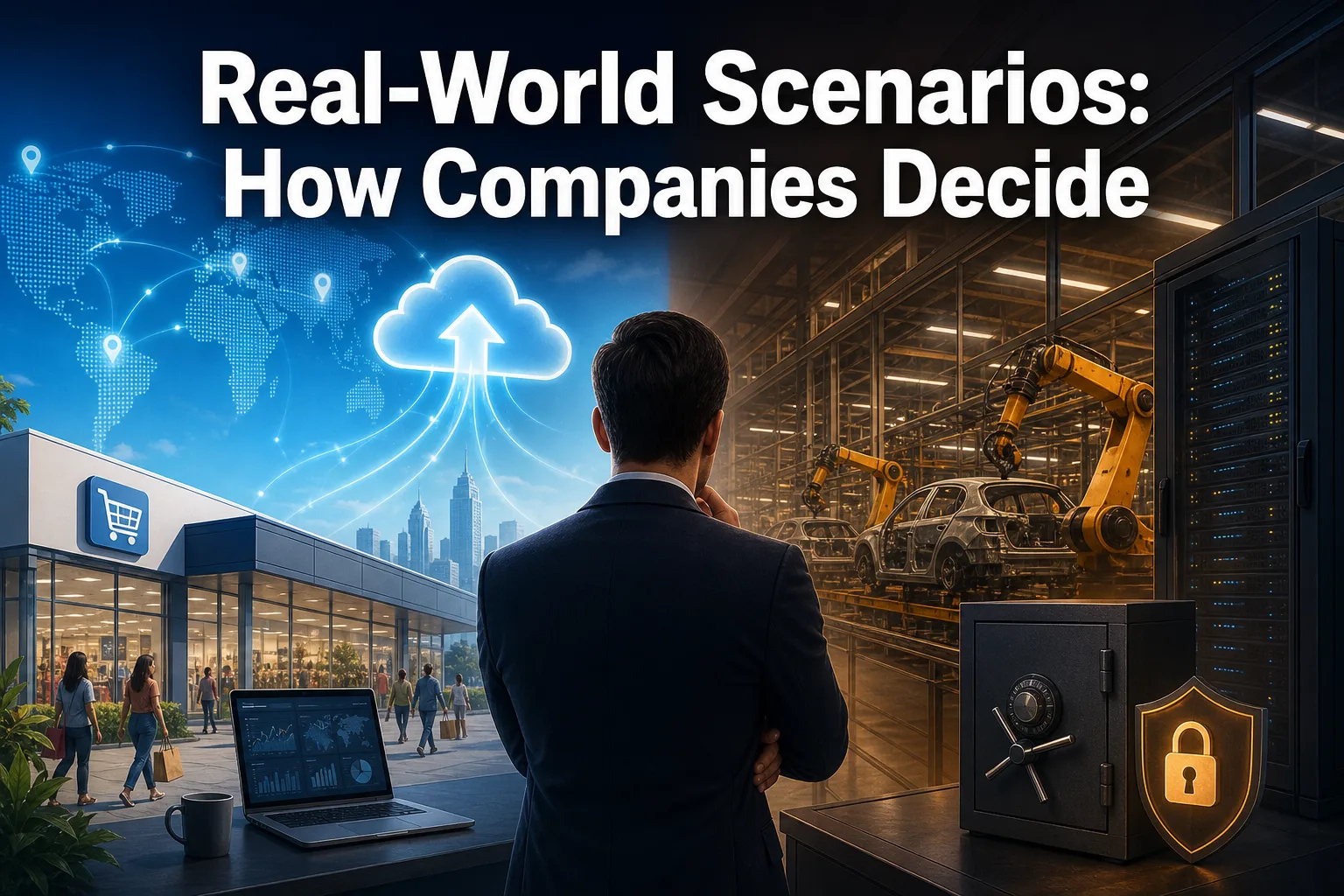 The image shows a man in a suit standing with his back to the viewer, looking at a split scene. On the left, a retail store with shoppers and a laptop displaying data; on the right, an industrial setting with robotic arms and a secure safe.
