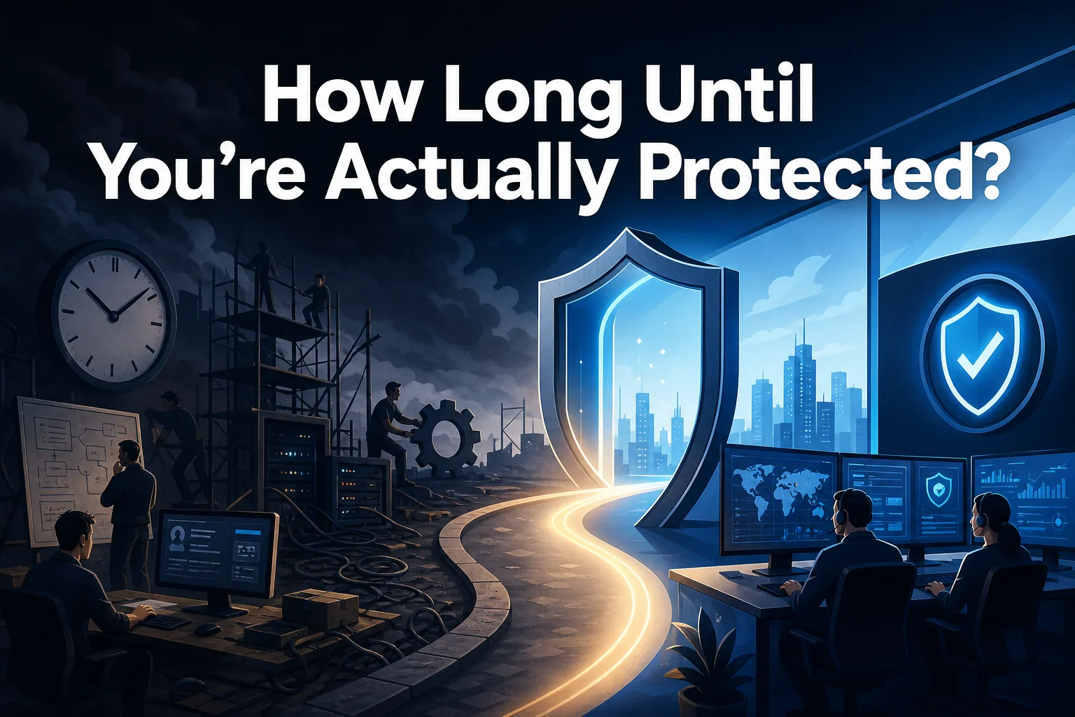 The image features a digital landscape with a winding path leading through a large shield, symbolizing protection. In the foreground, individuals work at computers, while others are engaged in construction and maintenance activities.