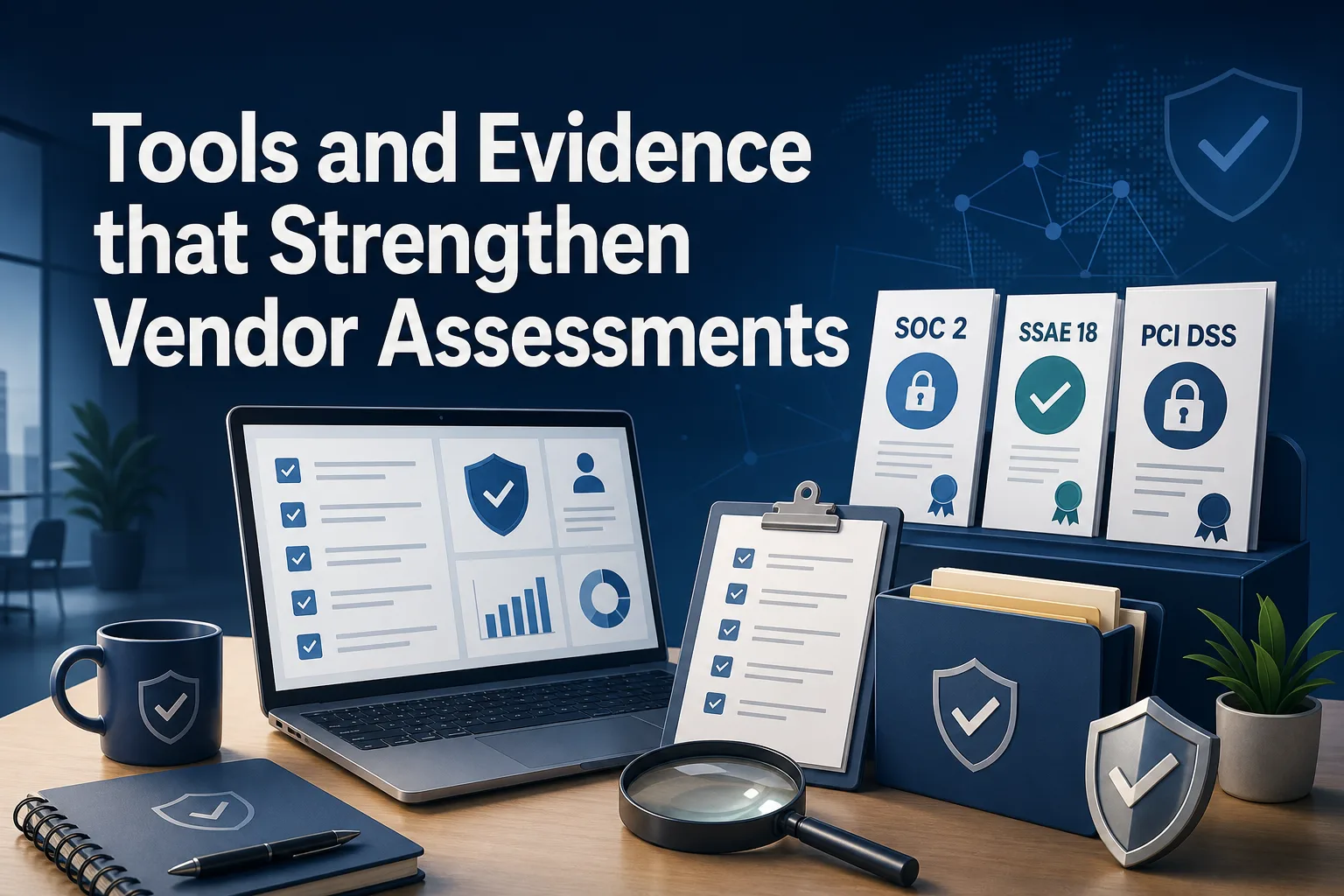 A laptop displays graphs and checklists related to vendor assessments, alongside a coffee mug and a notebook. In the background, there are certification documents labeled SOC 2, SSAE 18, and PCI DSS, with a magnifying glass and a plant nearby.