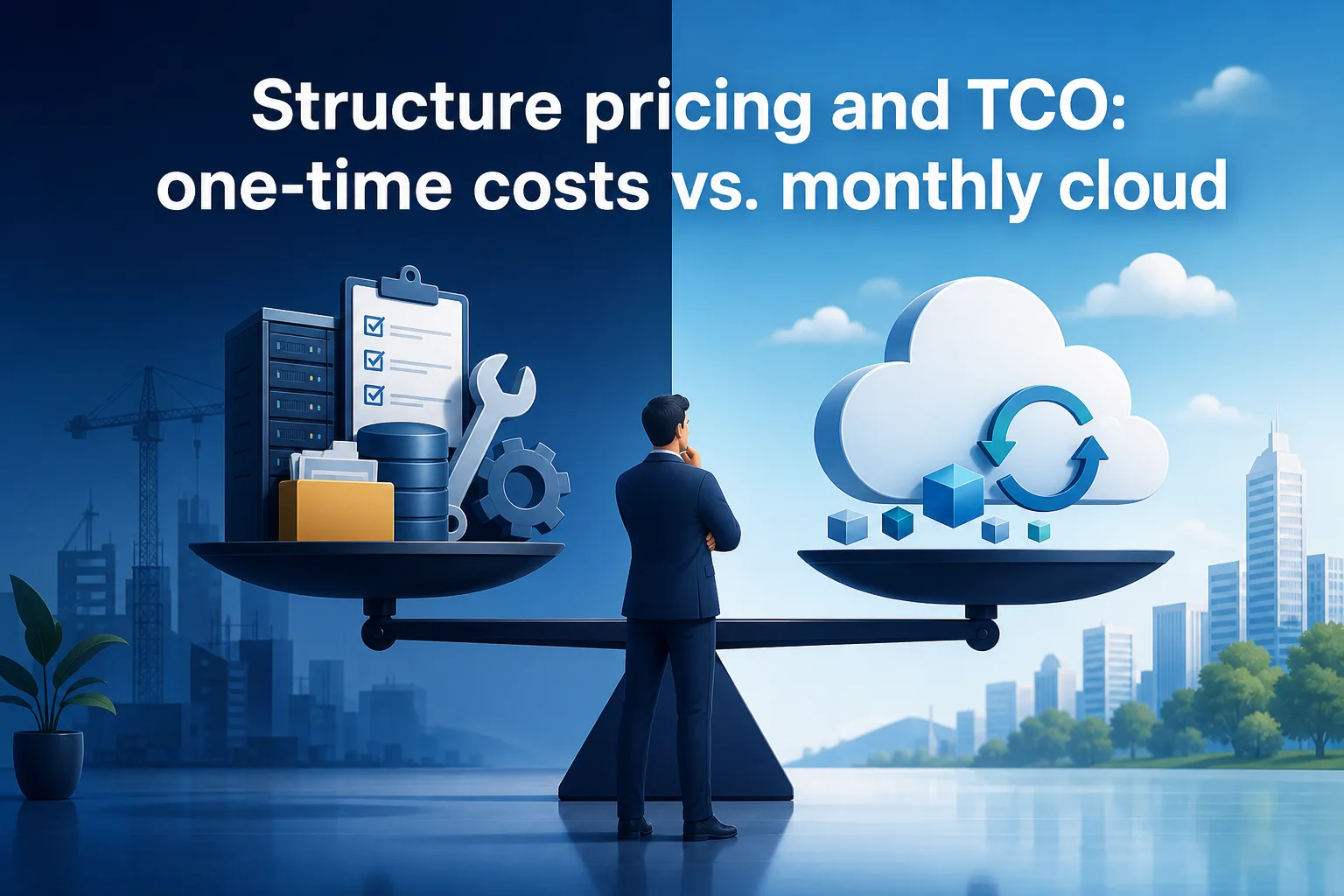 The image shows a scale balancing two sides: on the left, a server, checklist, and tools represent one-time costs; on the right, a cloud with arrows and cubes symbolizes monthly cloud spending.