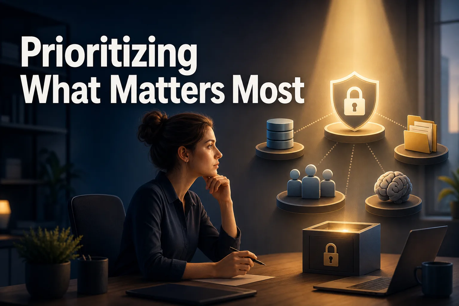 A woman sits at a desk, looking thoughtfully at a glowing shield icon with a lock, surrounded by icons representing data, people, files, and a brain. The background is dark, with a plant and a coffee cup on the desk, emphasizing a focused atmosphere.