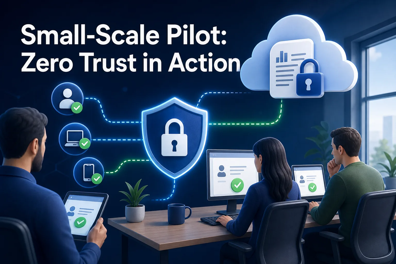 The image shows three individuals working at a desk with computers and tablets, surrounded by graphics representing a secure digital environment. The text "Small-Scale Pilot: Zero Trust in Action" is prominently displayed at the top.