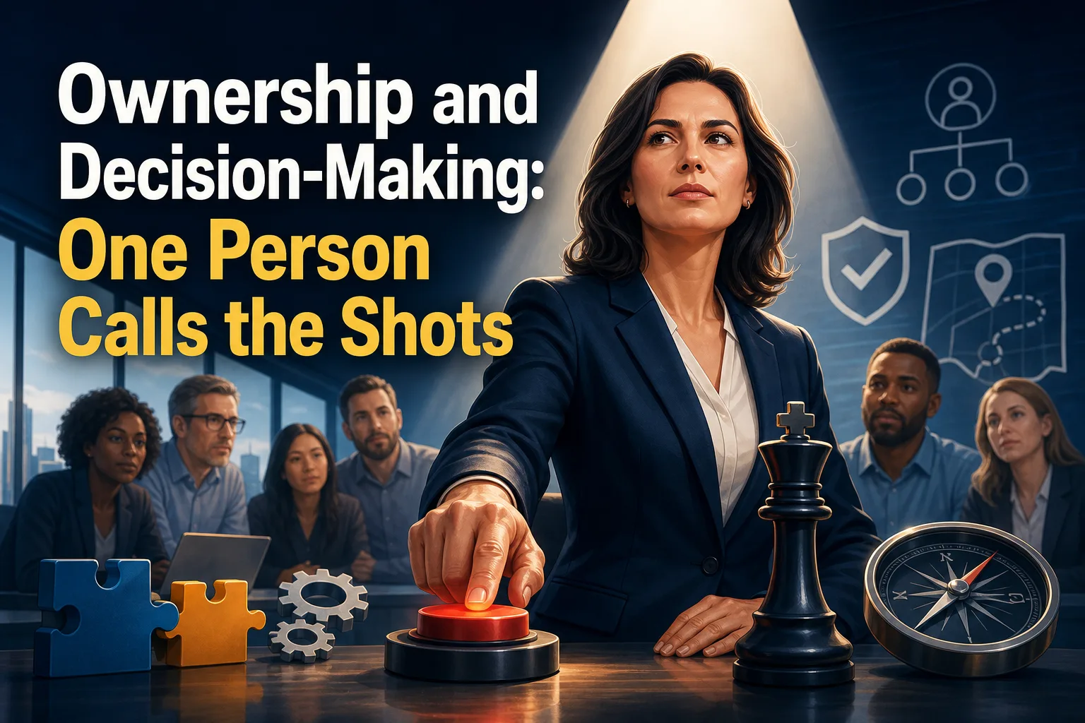 A woman in a business suit is reaching towards a red button on a table, symbolizing decision-making. In the background, a group of diverse individuals watches her, with various icons representing strategy and direction displayed on the wall.