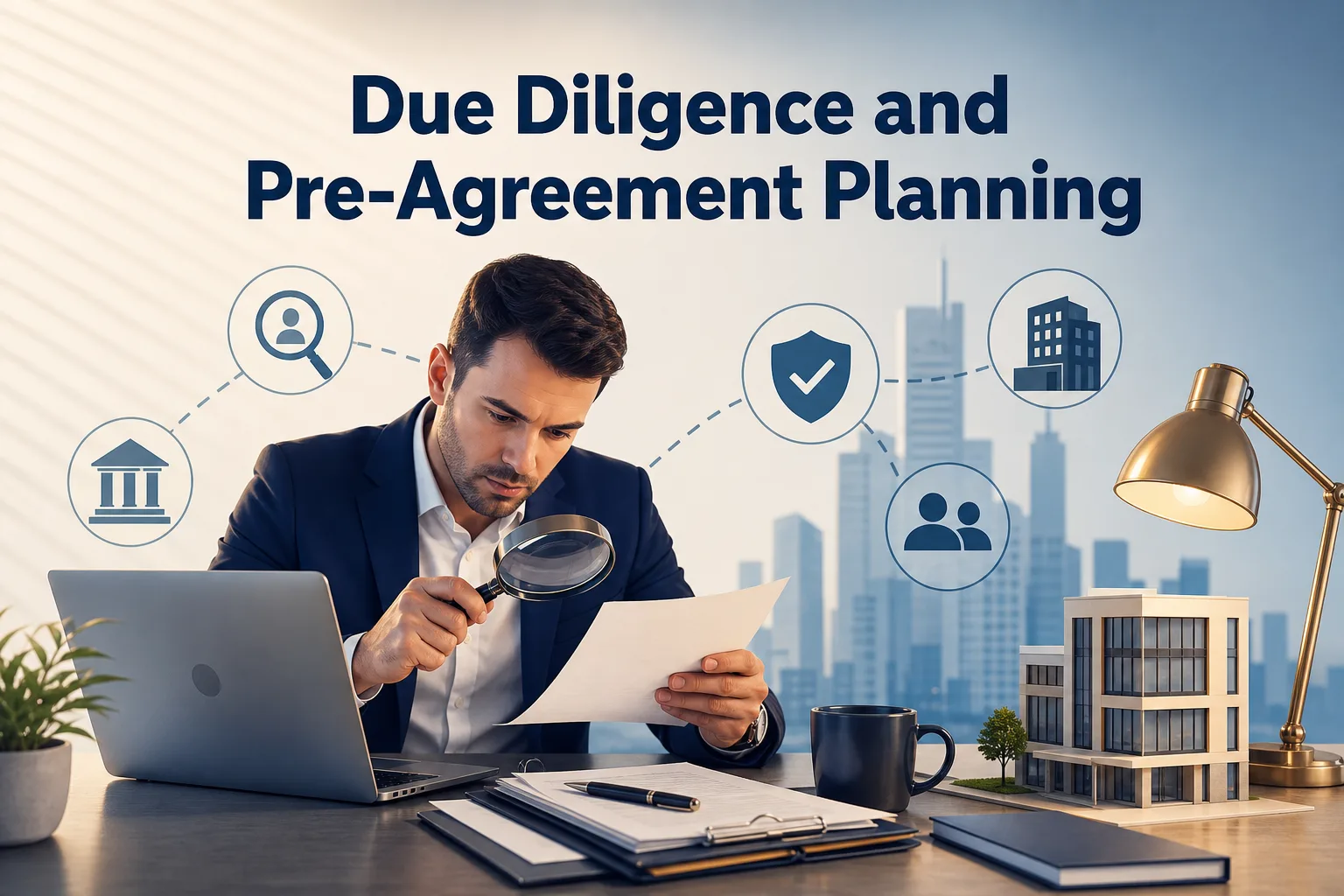 A man in a suit examines a document with a magnifying glass at a desk, which has a laptop, a coffee cup, and a small model building. The background features city skyline graphics and icons representing due diligence concepts.