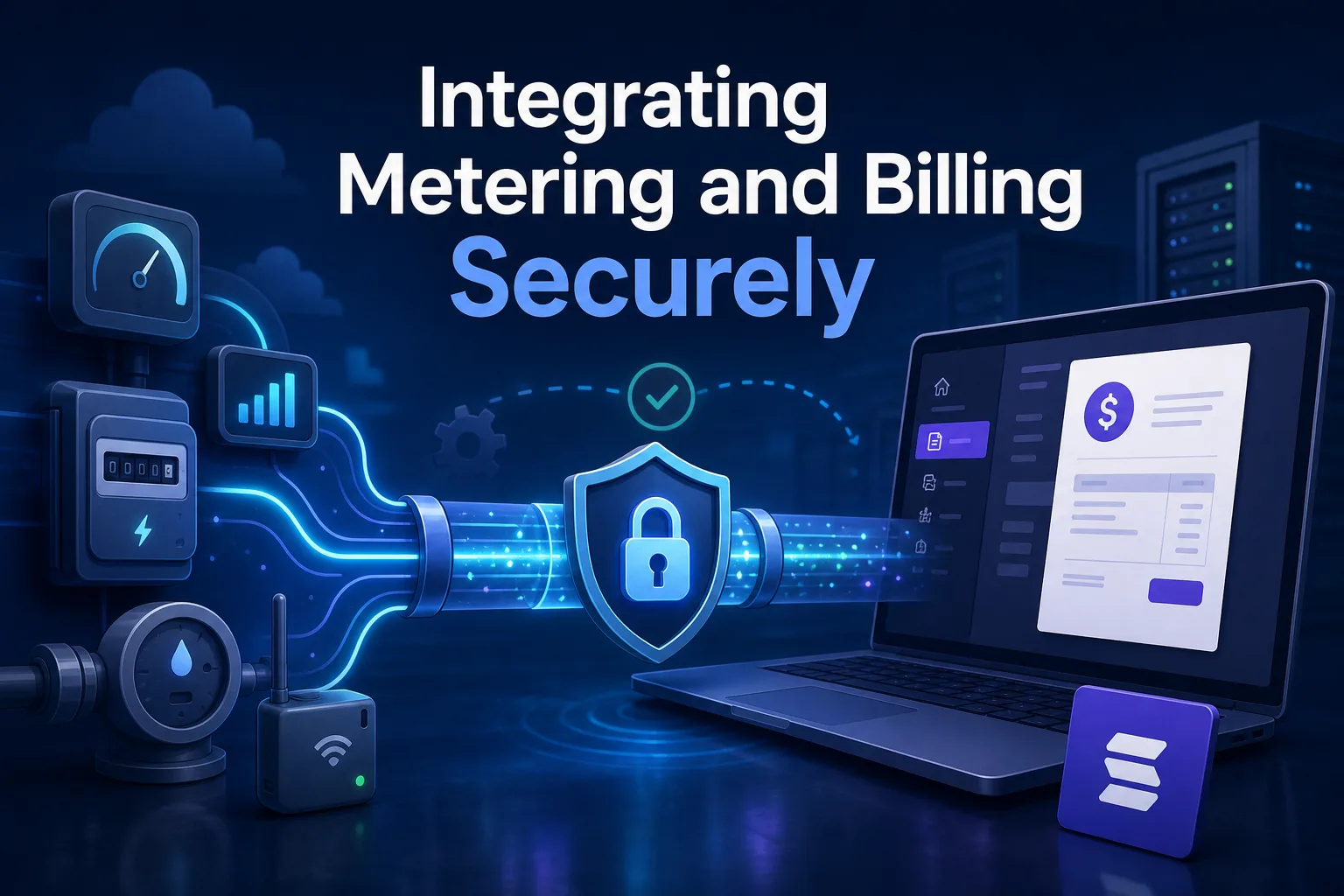 The image features a dark background with blue and purple elements, including digital meters, a padlock symbol, and a laptop displaying a billing interface.