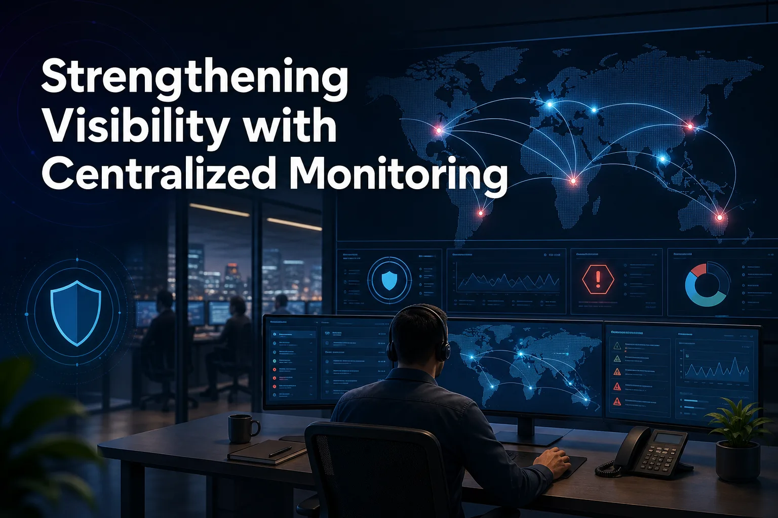 A person wearing headphones sits at a desk with multiple monitors displaying data, maps, and alerts. The background shows a city skyline at night, and text on the left reads "Strengthening Visibility with Centralized Monitoring.