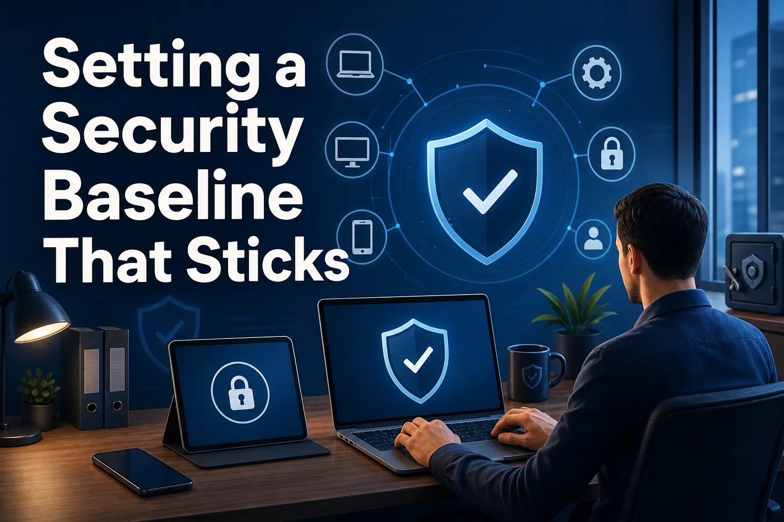A person sits at a desk with a laptop and tablet displaying security icons, including a shield and a lock. The background features a blue wall with various security-related graphics and text that reads "Setting a Security Baseline That Sticks.