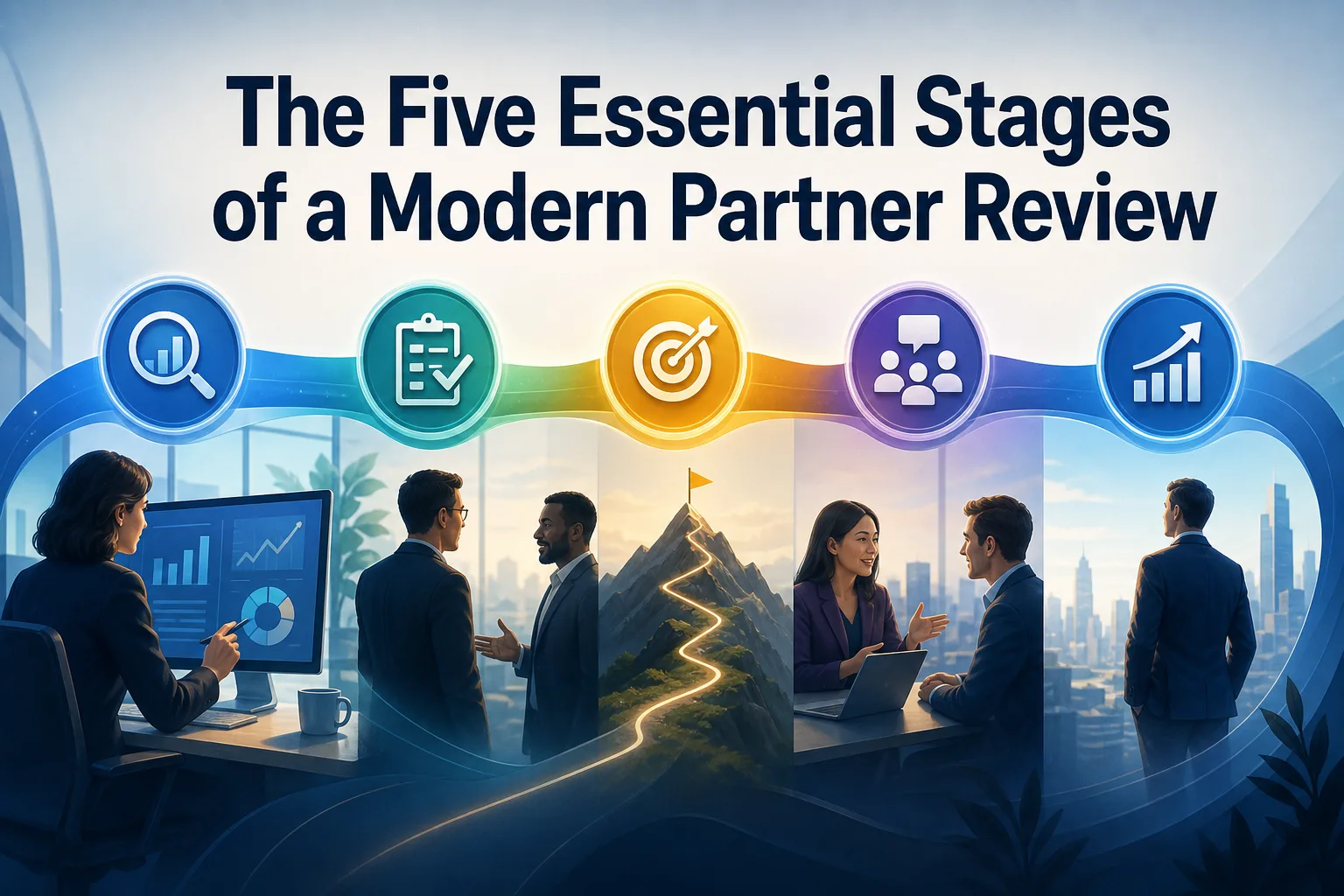 The image features a title, "The Five Essential Stages of a Modern Partner Review," with five colorful icons representing stages: analysis, planning, goal-setting, collaboration, and evaluation.